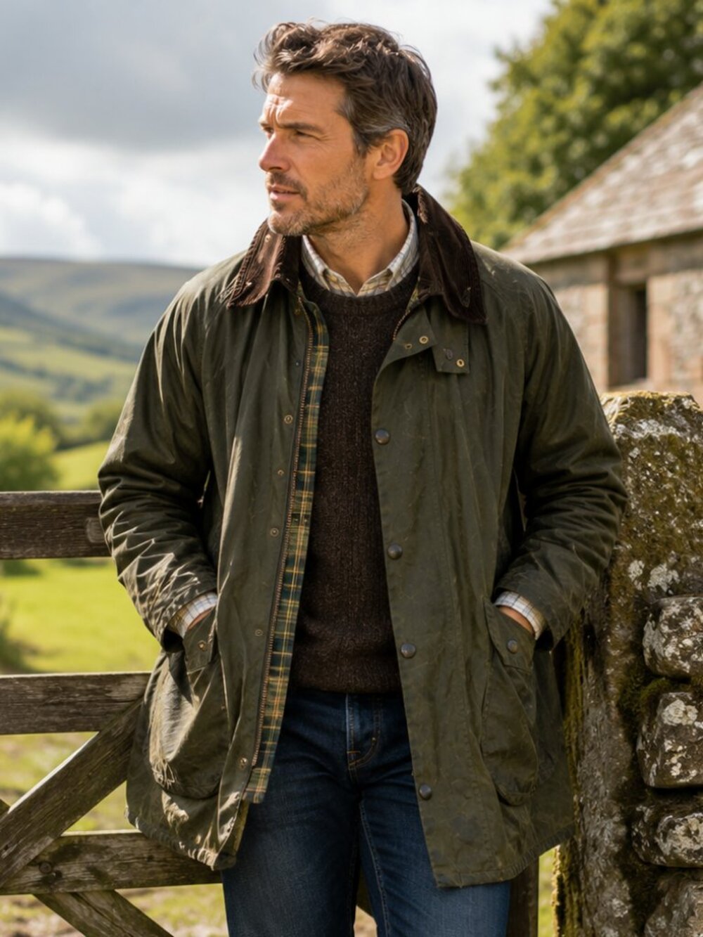 Barbour Border Waxed Jacket Olive C42 Made in England Classic Country Coat L